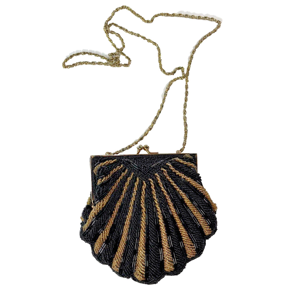 Black & Gold Beaded Purse Evening Bag Clutch Elegant Glamour Regency Hollywood
